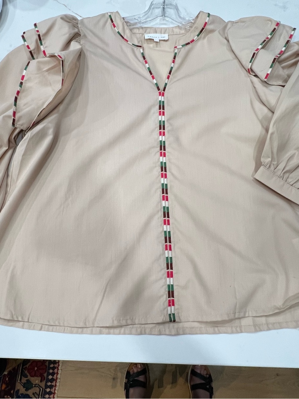 entro Beige Puff-Sleeve Blouse with Pink and Green Trim